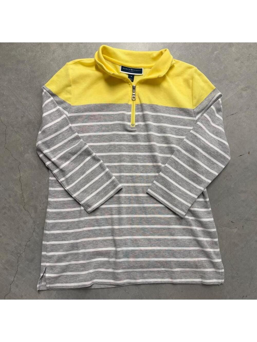 2000s Karen Scott Sport Yellow Gray Lightweight Crewneck 2/3 Sleeve Sized Medium